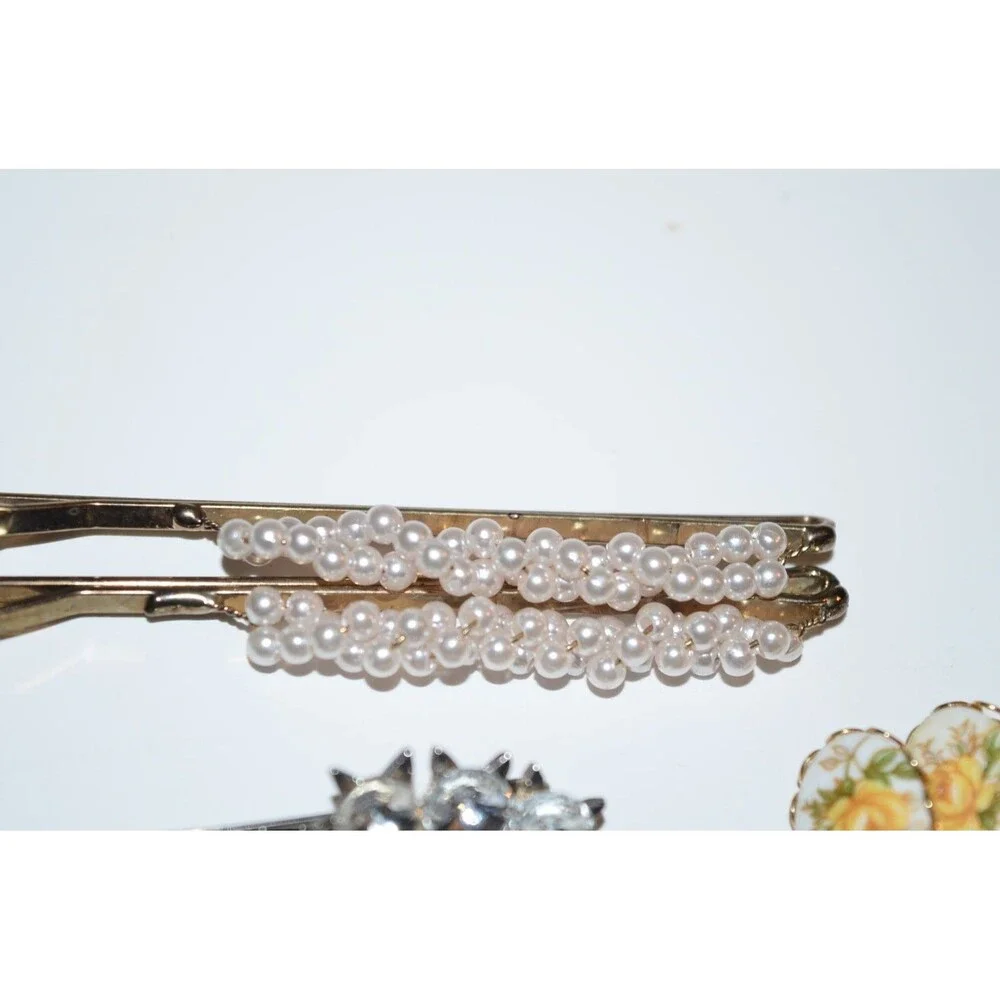 Vtg lot Floral Flower Ceramic Bobby Pin Hair Pins beads rhinestones cats 9pc